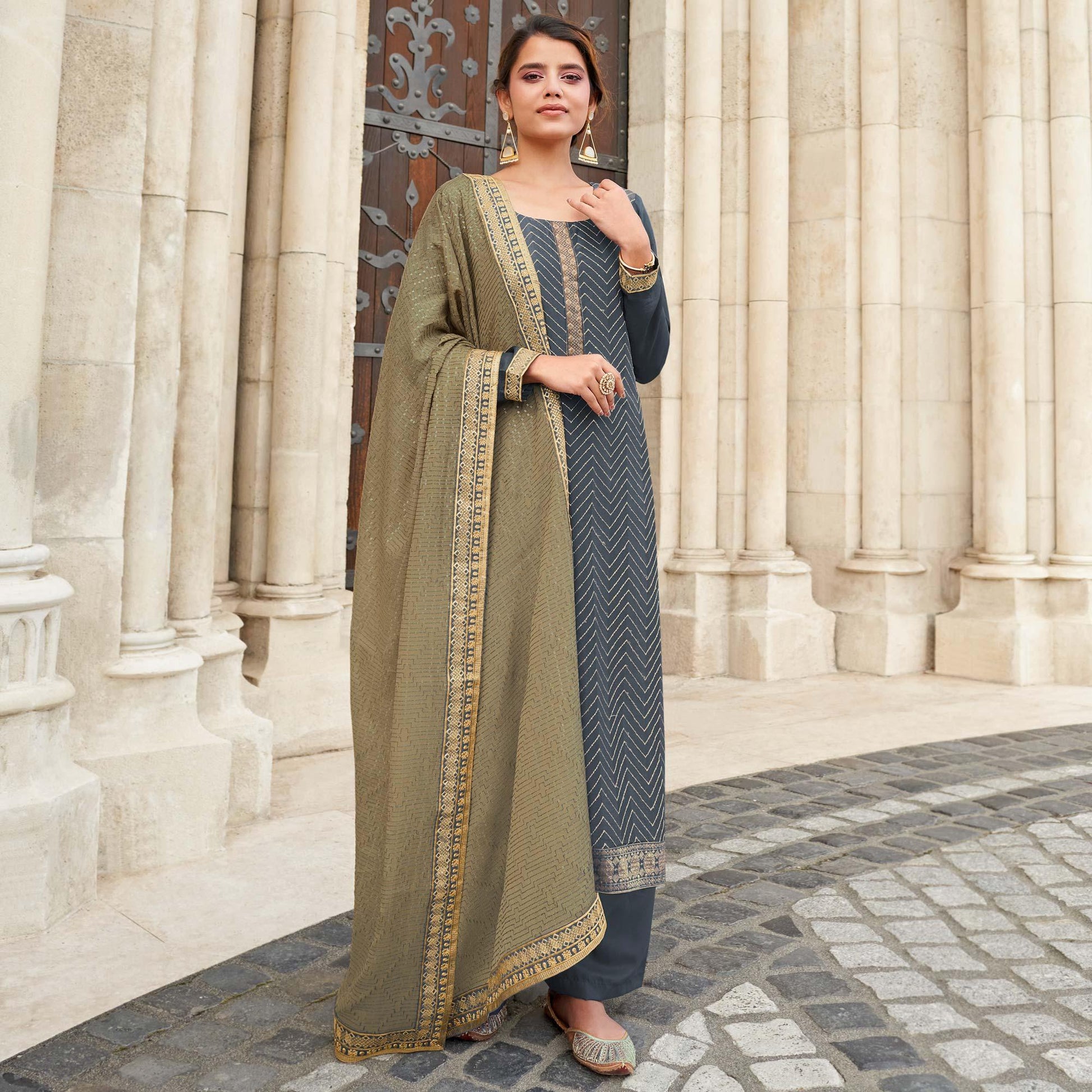 Grey Partywear Embroidered Georgette Partywear Suit
