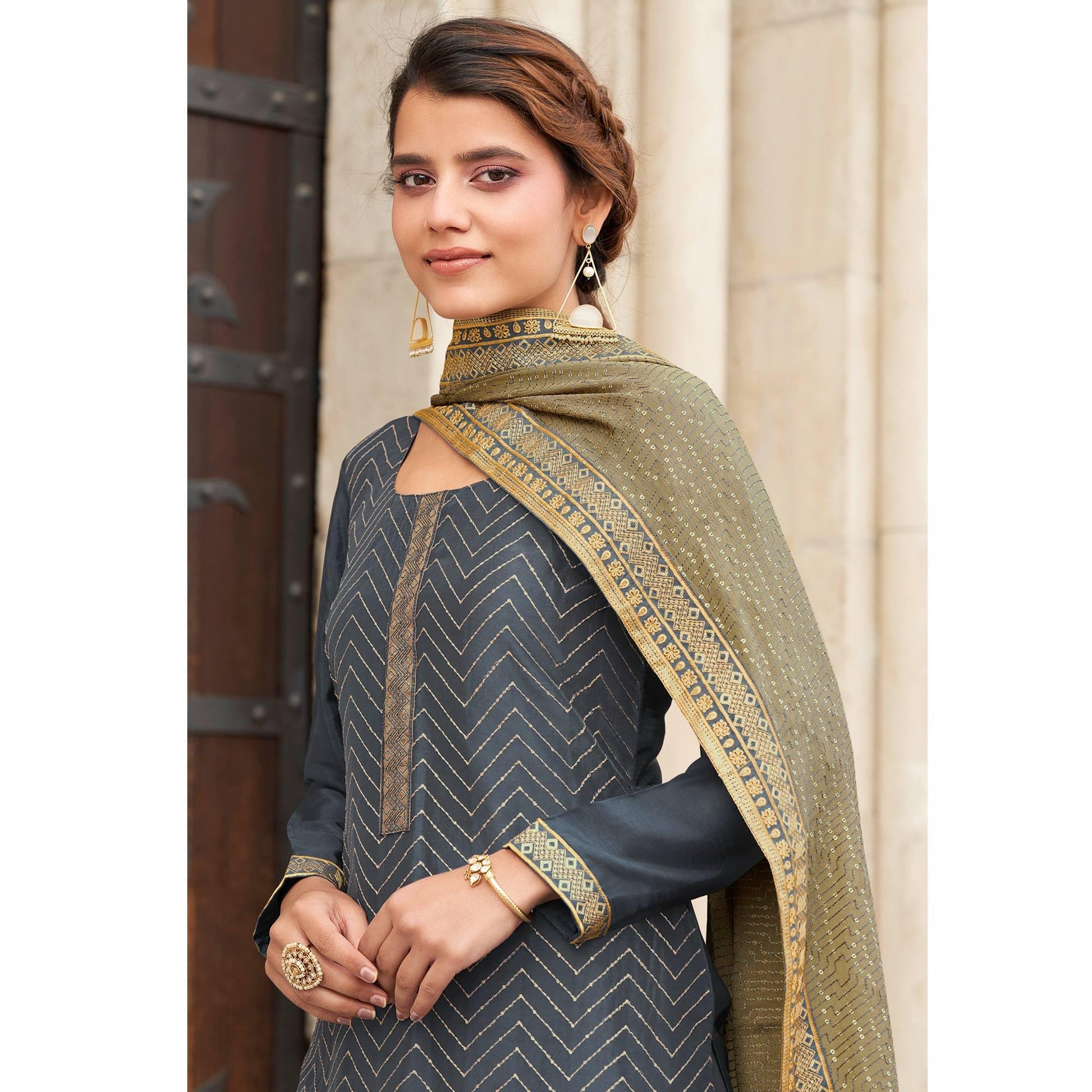 Grey Partywear Embroidered Georgette Partywear Suit