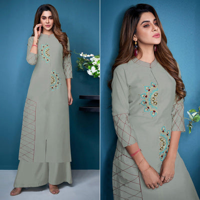Grey Partywear Embroidered Handwork Silk Kurti Palazzo Set