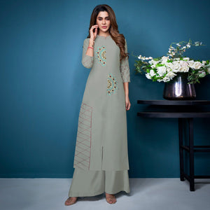 Grey Partywear Embroidered Handwork Silk Kurti Palazzo Set
