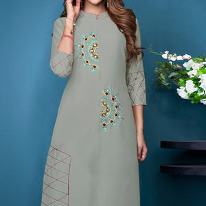 Grey Partywear Embroidered Handwork Silk Kurti Palazzo Set
