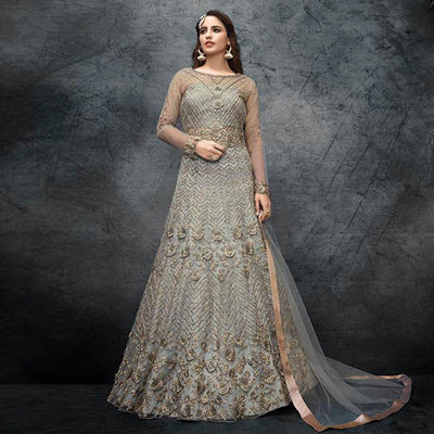 Grey Partywear Embroidered Handwork Soft Net Gown