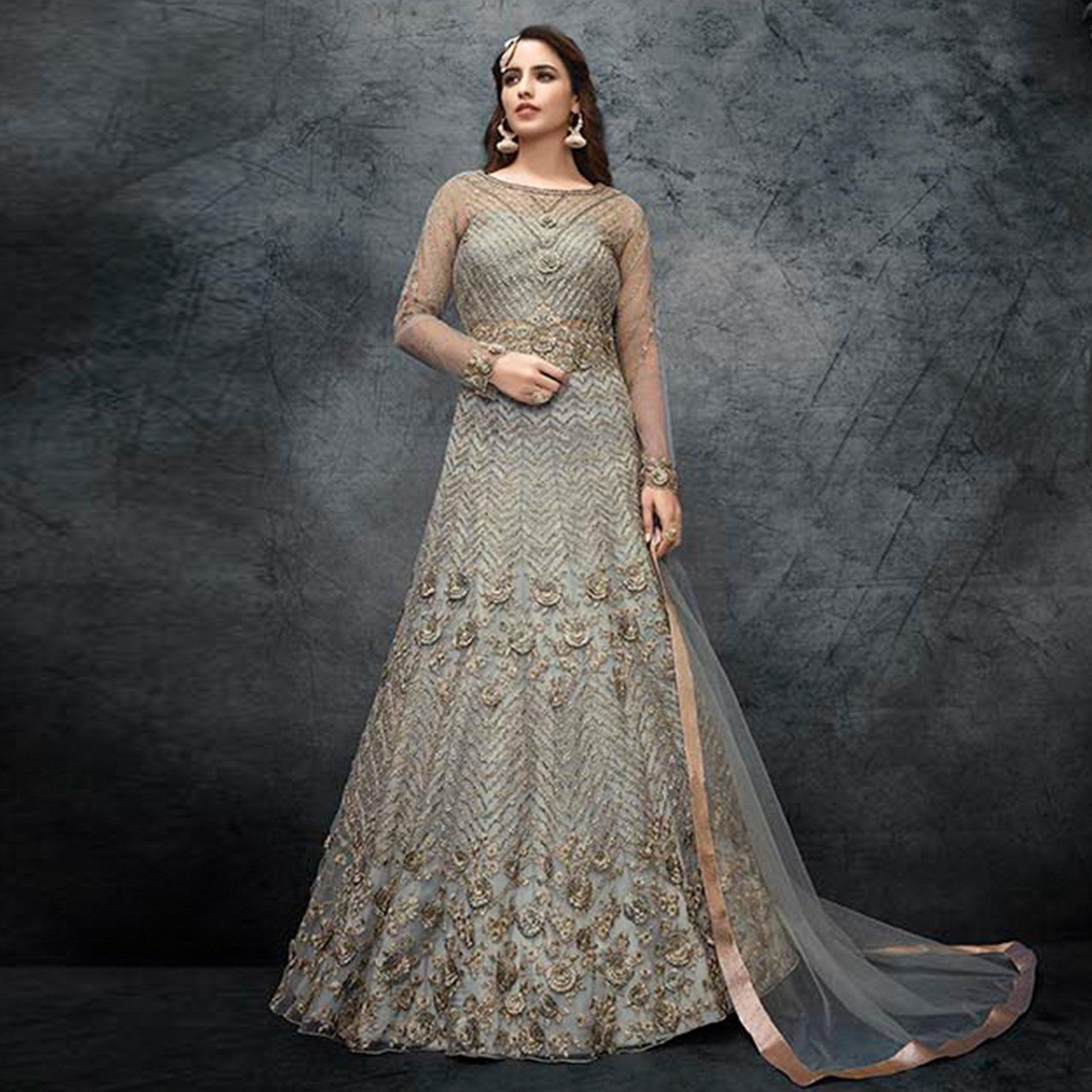 Grey Partywear Embroidered Handwork Soft Net Gown