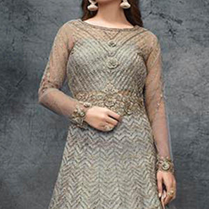 Grey Partywear Embroidered Handwork Soft Net Gown