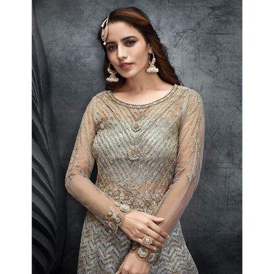 Grey Partywear Embroidered Handwork Soft Net Gown