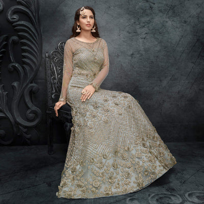 Grey Partywear Embroidered Handwork Soft Net Gown