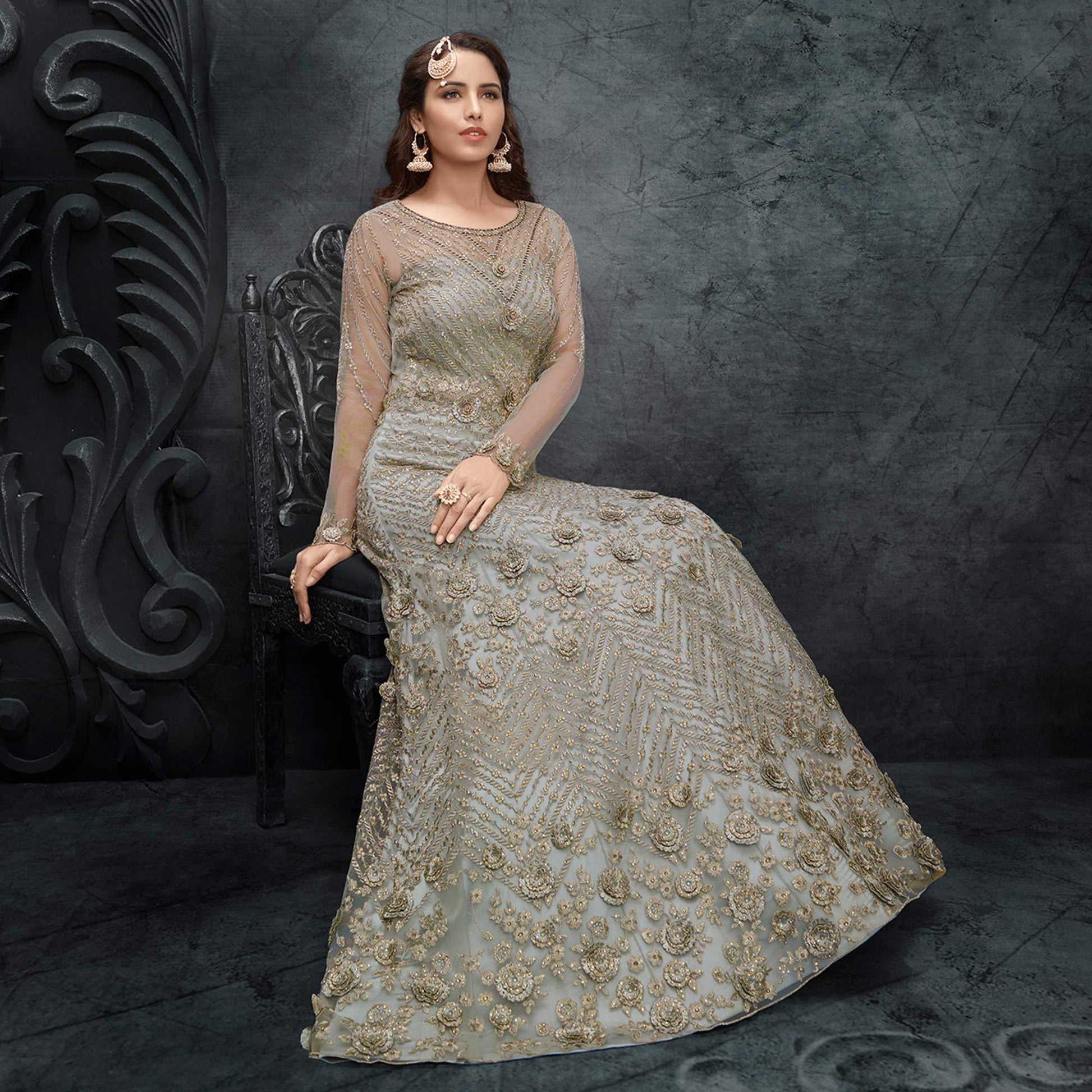 Grey Partywear Embroidered Handwork Soft Net Gown