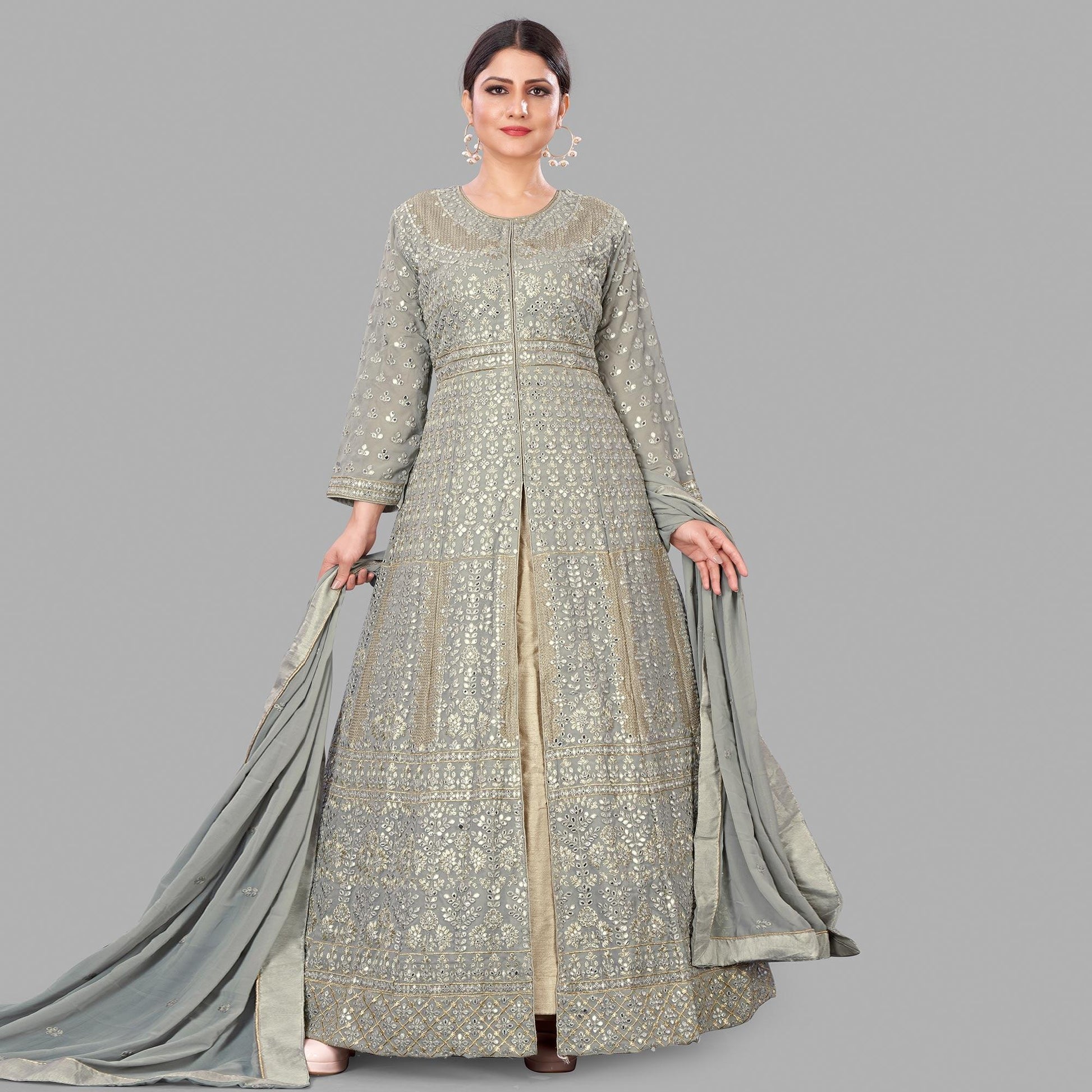 Grey Partywear Embroidered Heavy Faux Georgette A line Anarkali suit
