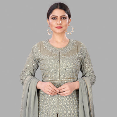 Grey Partywear Embroidered Heavy Faux Georgette A line Anarkali suit
