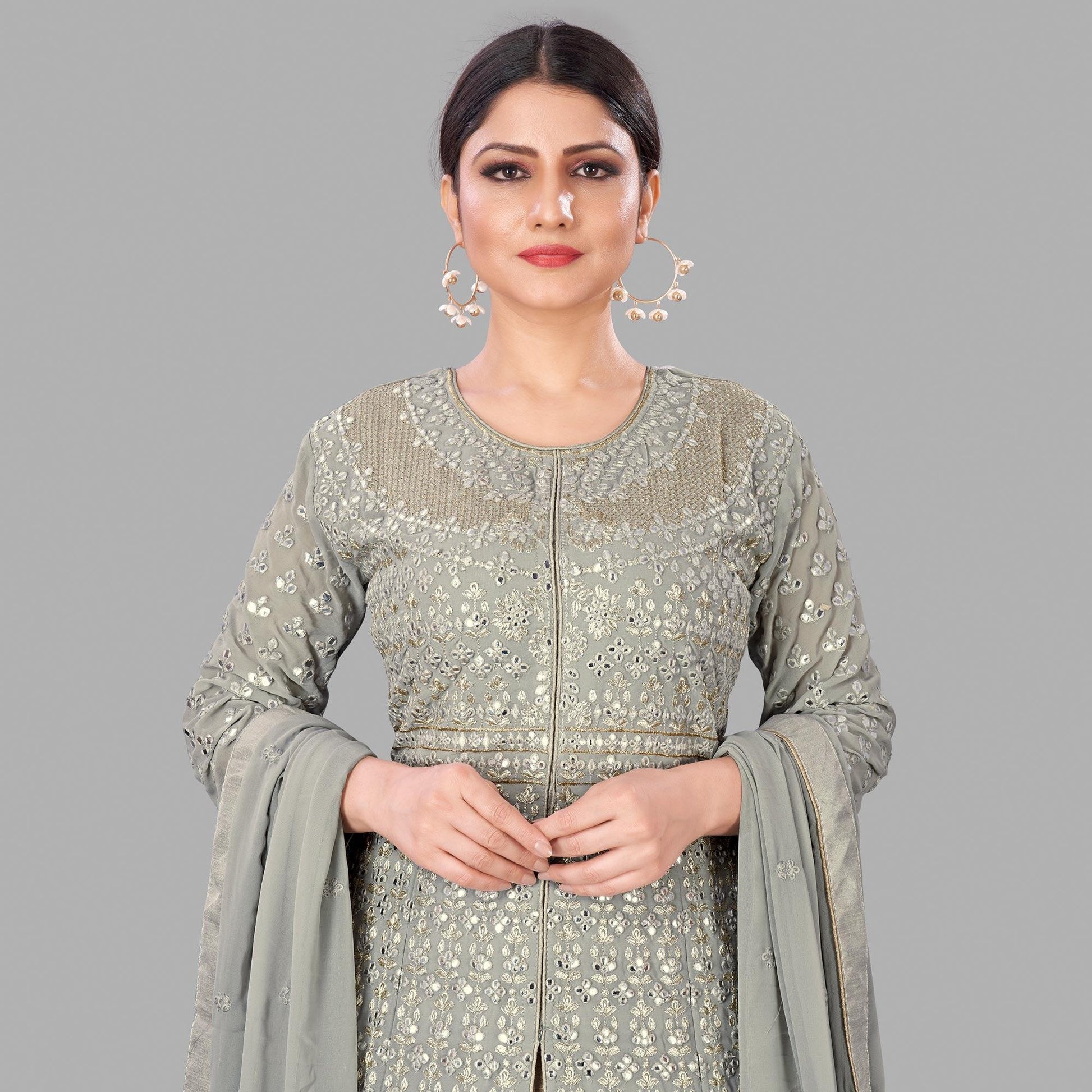 Grey Partywear Embroidered Heavy Faux Georgette A line Anarkali suit