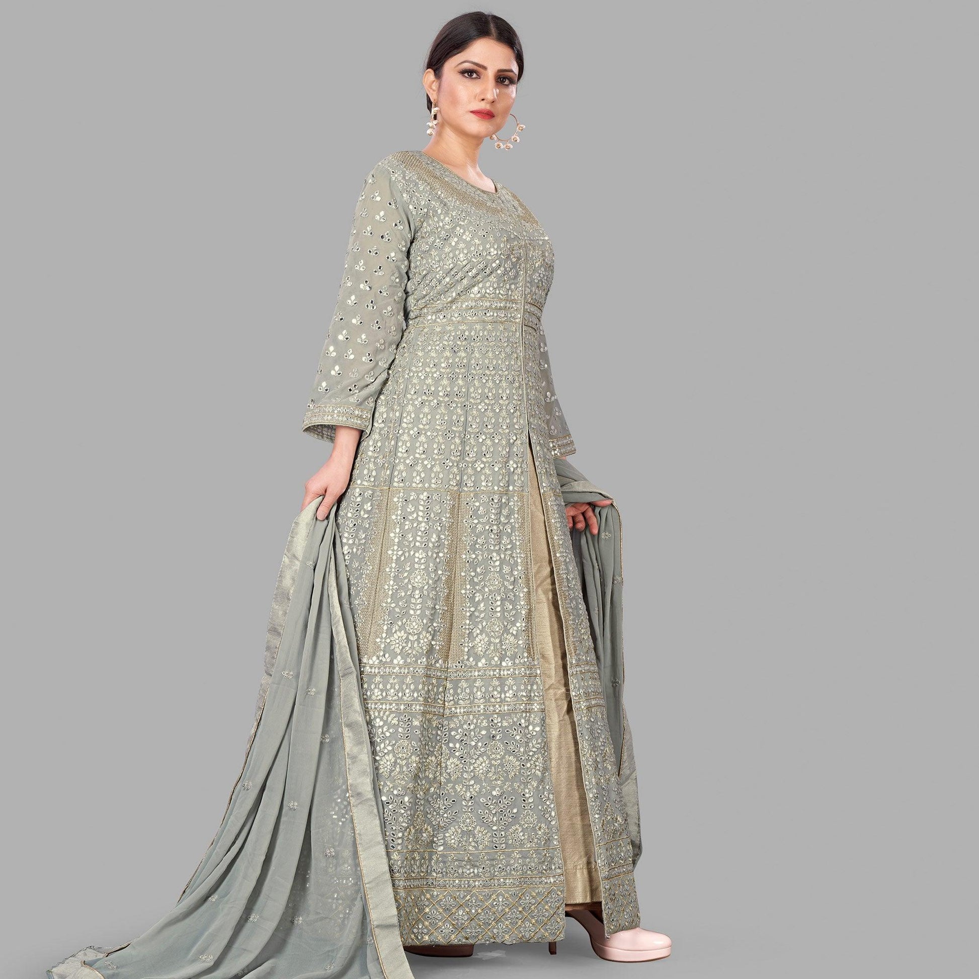 Grey Partywear Embroidered Heavy Faux Georgette A line Anarkali suit