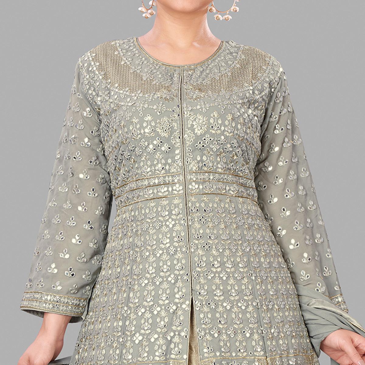 Grey Partywear Embroidered Heavy Faux Georgette A line Anarkali suit