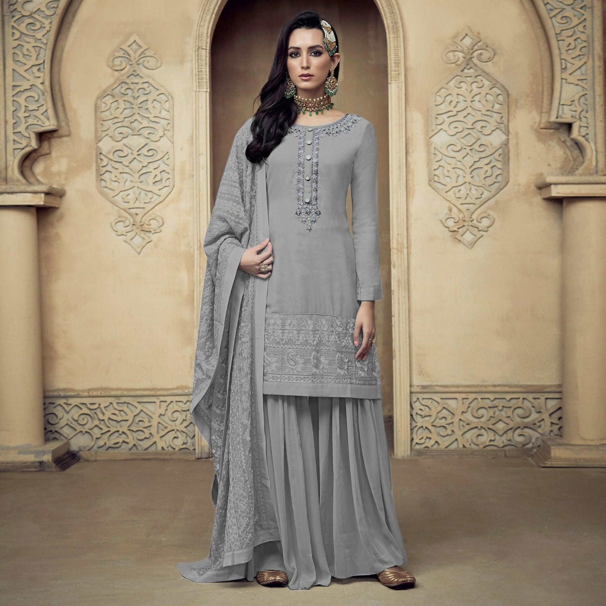 Grey Partywear Embroidered Heavy Georgette Sharara Suit