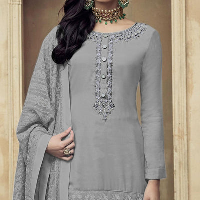 Grey Partywear Embroidered Heavy Georgette Sharara Suit