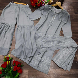 Grey Partywear Embroidered Heavy Georgette Sharara Suit