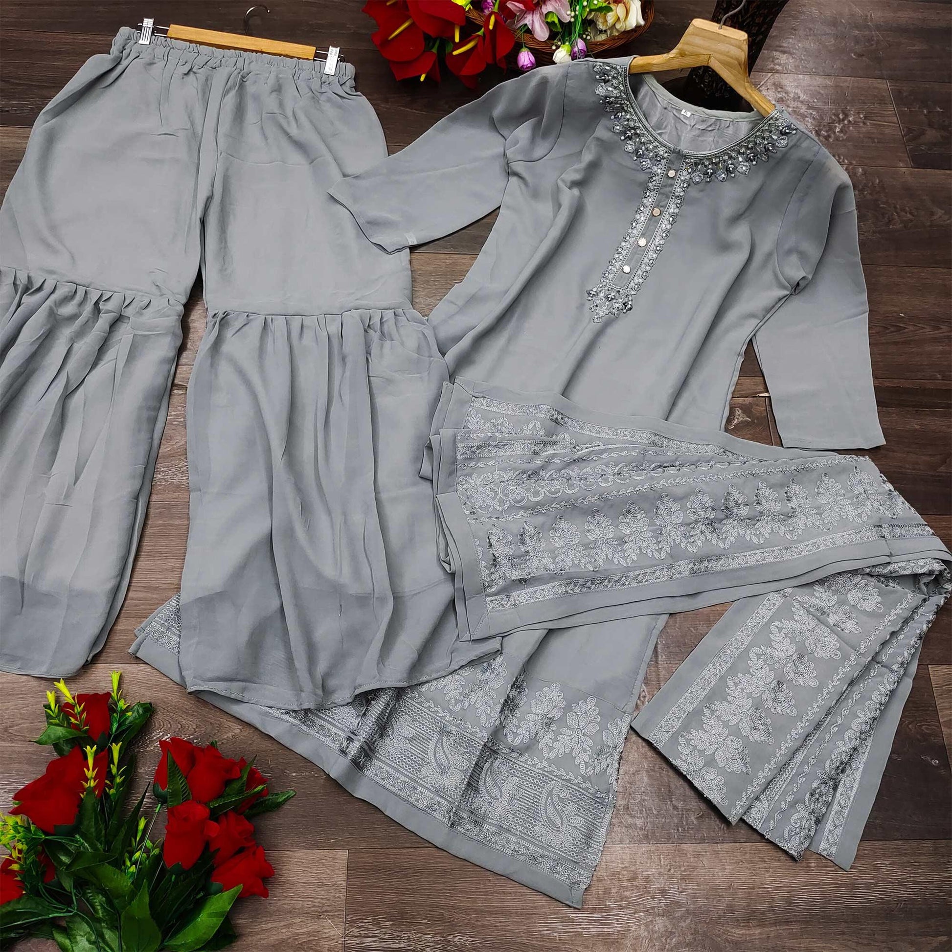 Grey Partywear Embroidered Heavy Georgette Sharara Suit