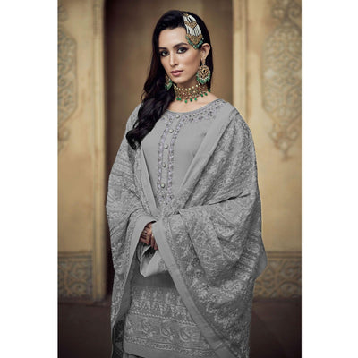 Grey Partywear Embroidered Heavy Georgette Sharara Suit