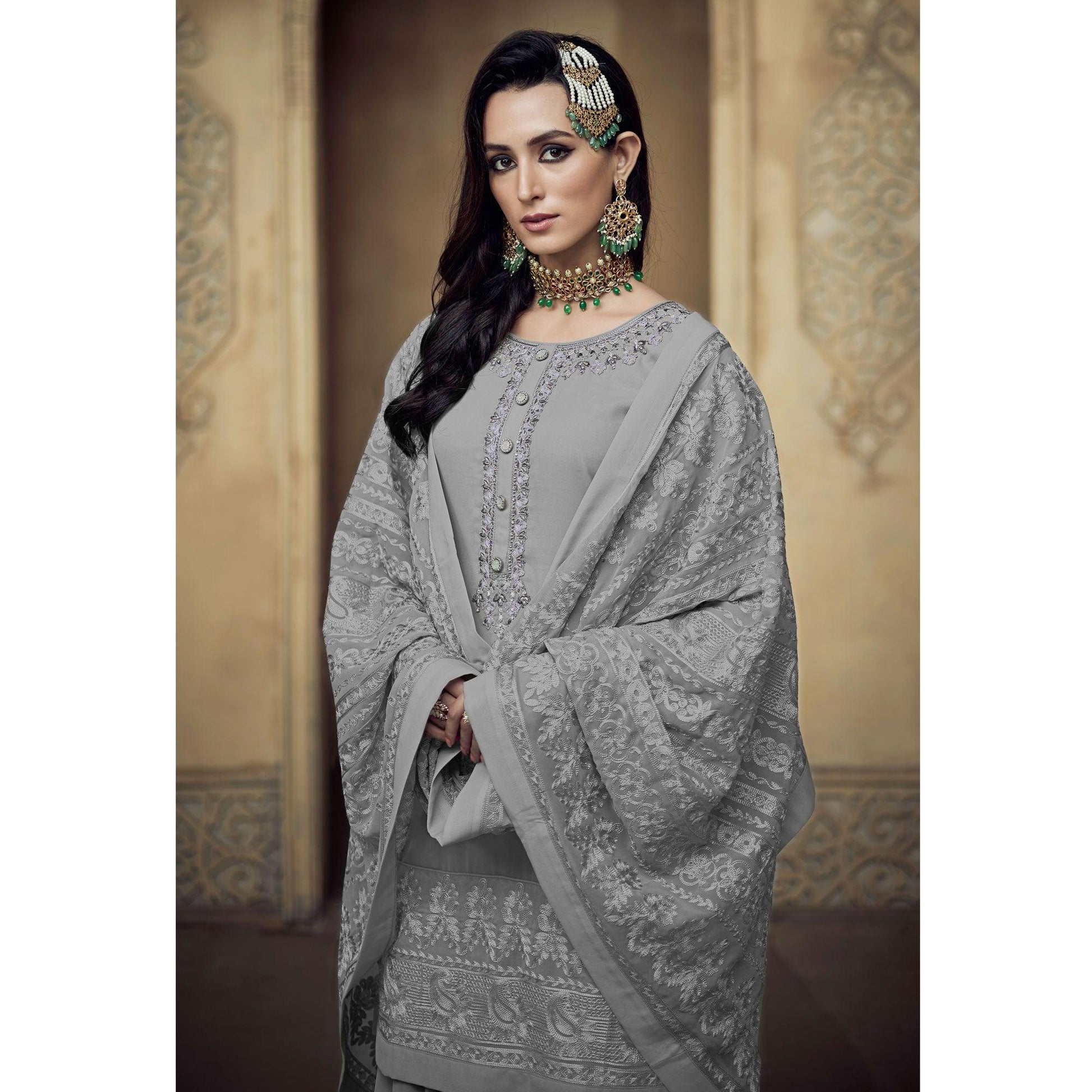Grey Partywear Embroidered Heavy Georgette Sharara Suit
