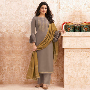 Grey Partywear Embroidered Jaam Silk Suit