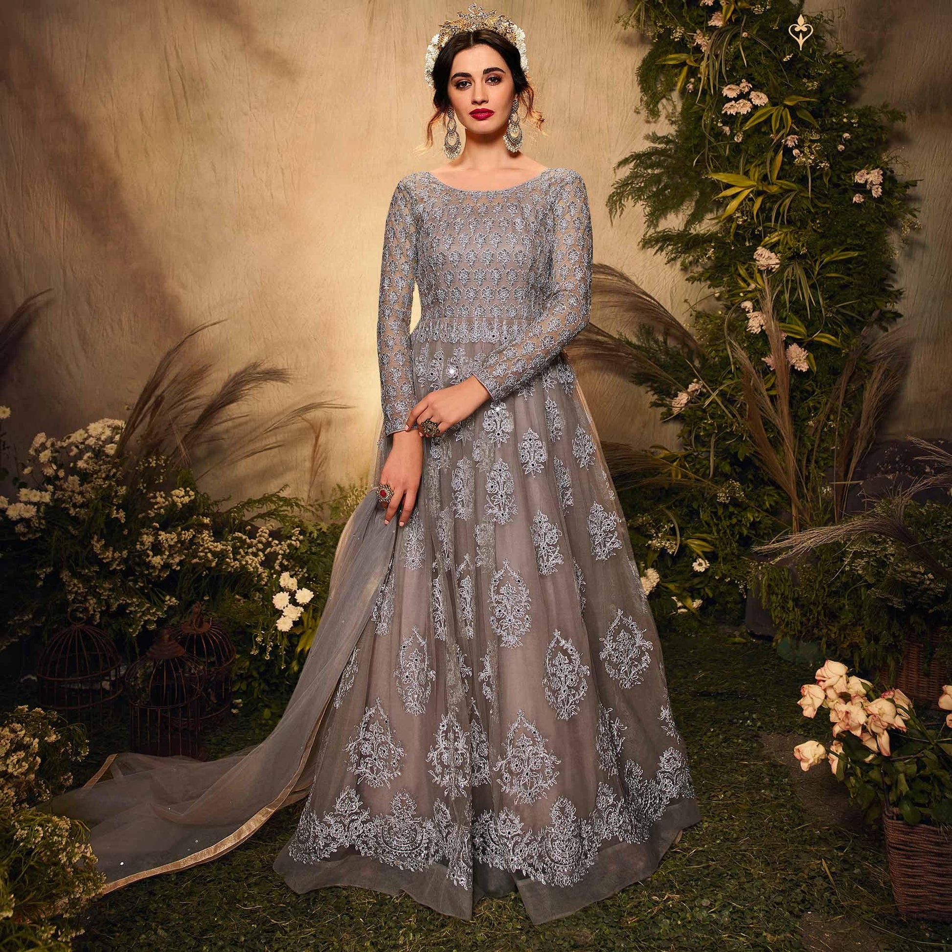 Grey Partywear Embroidered Net Anarkali Suit
