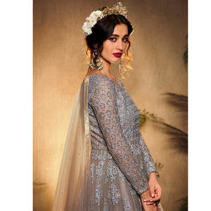 Grey Partywear Embroidered Net Anarkali Suit