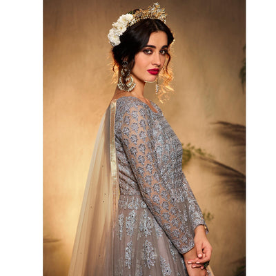 Grey Partywear Embroidered Net Anarkali Suit