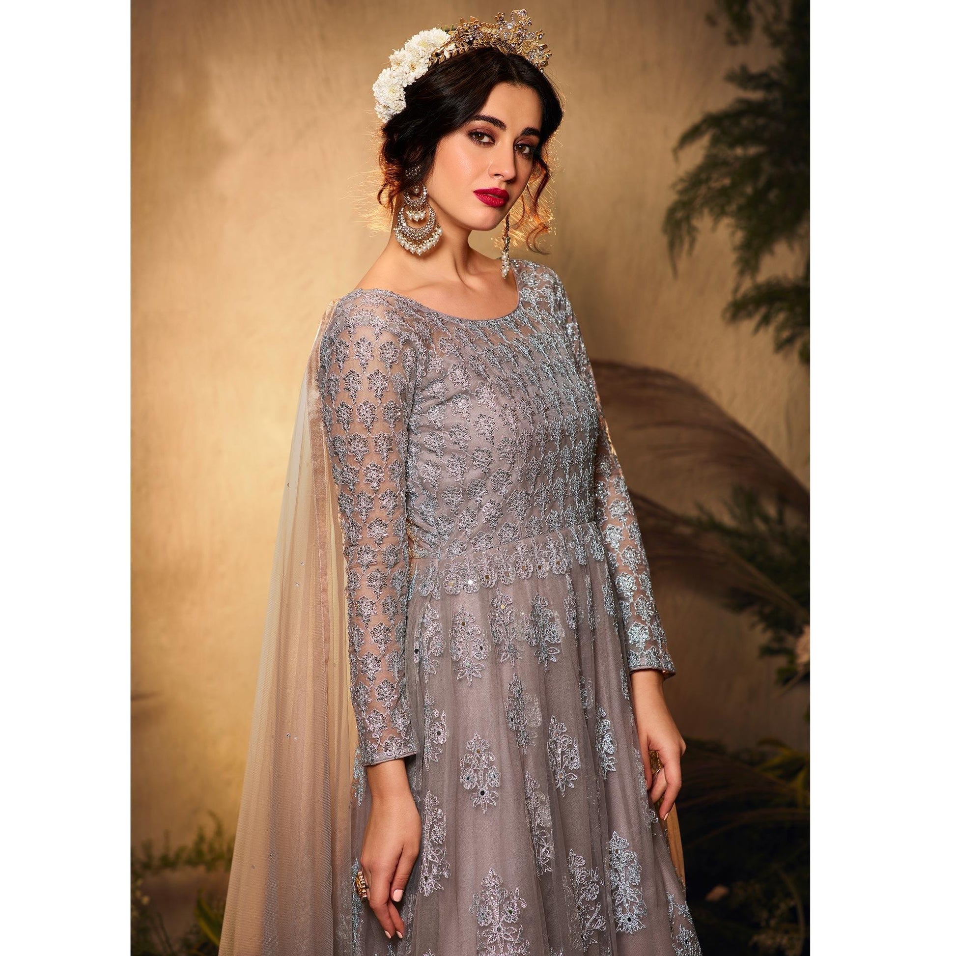 Grey Partywear Embroidered Net Anarkali Suit
