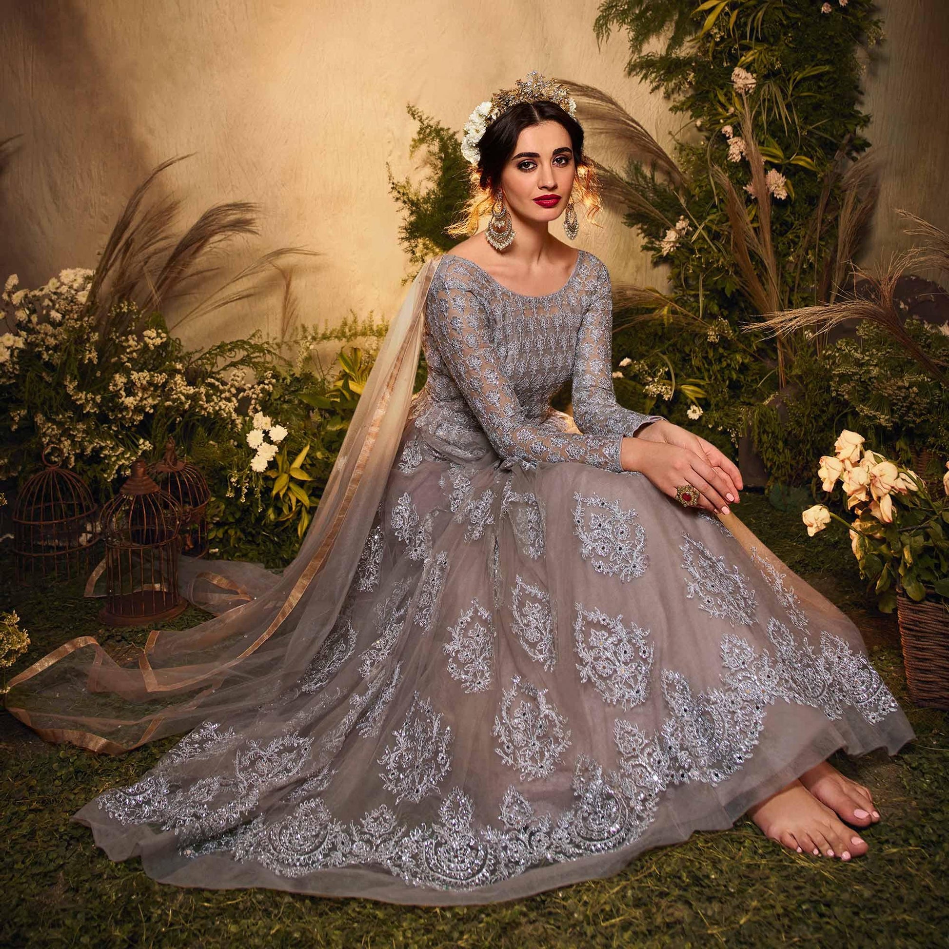 Grey Partywear Embroidered Net Anarkali Suit