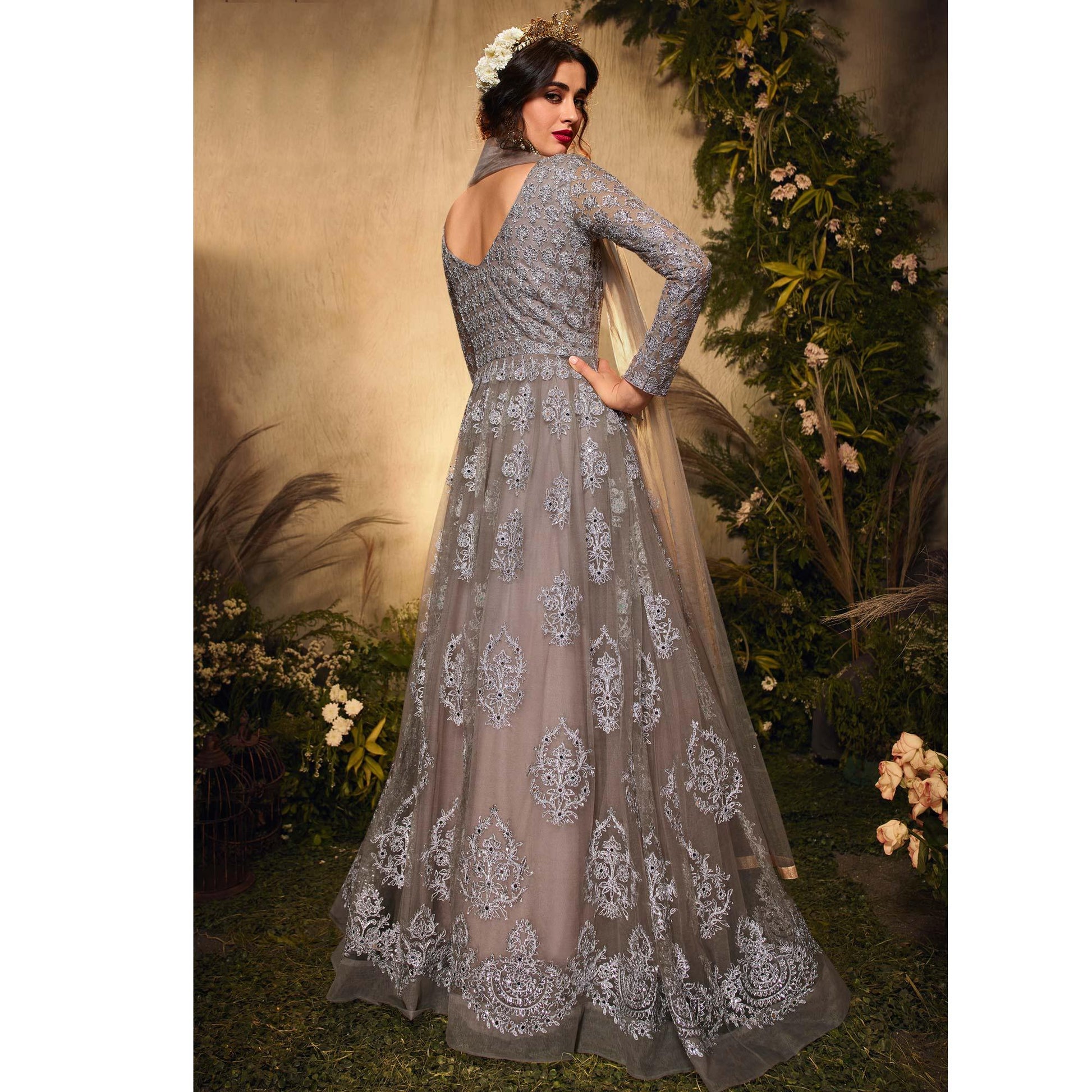Grey Partywear Embroidered Net Anarkali Suit