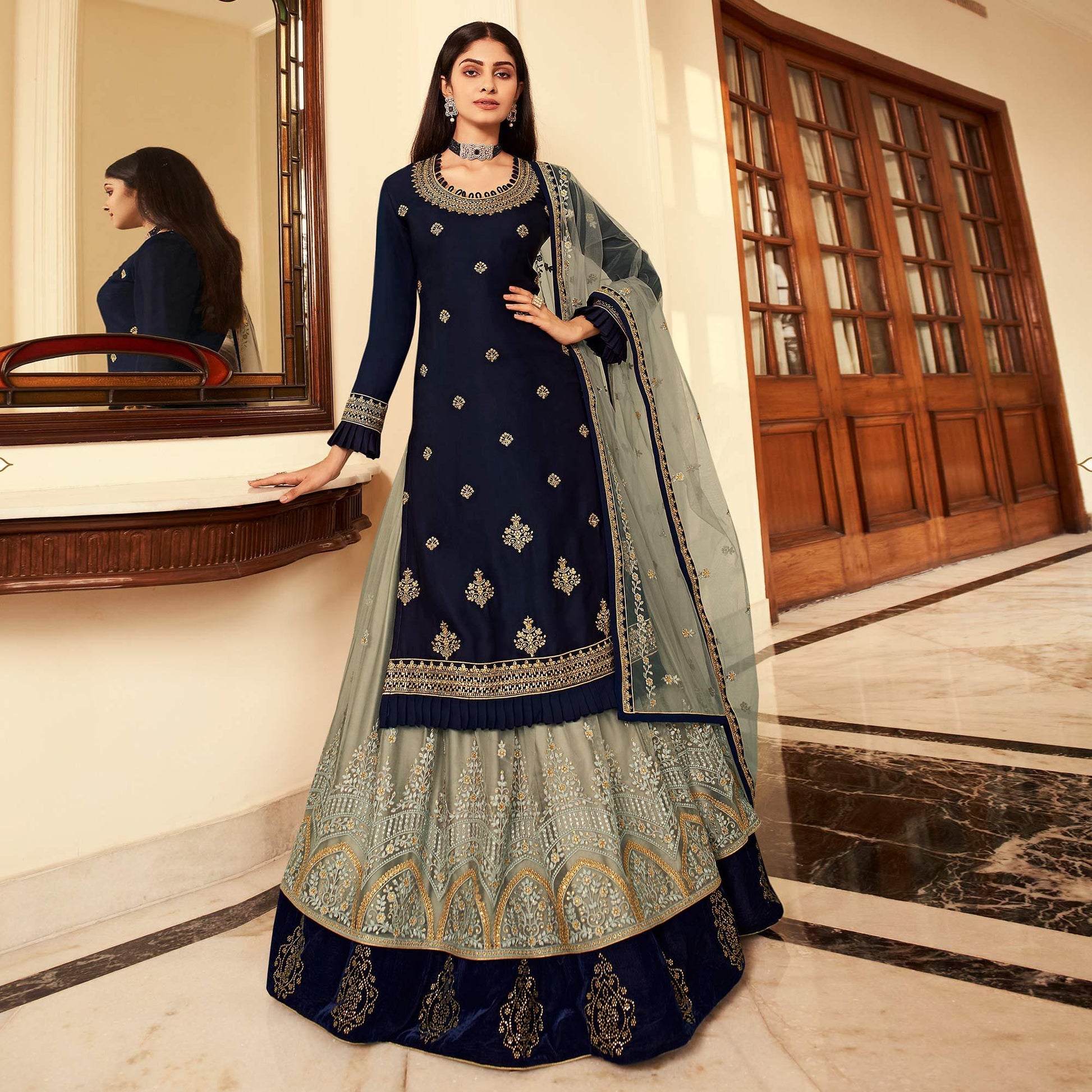 Grey Partywear Embroidered Net Lehenga Choli