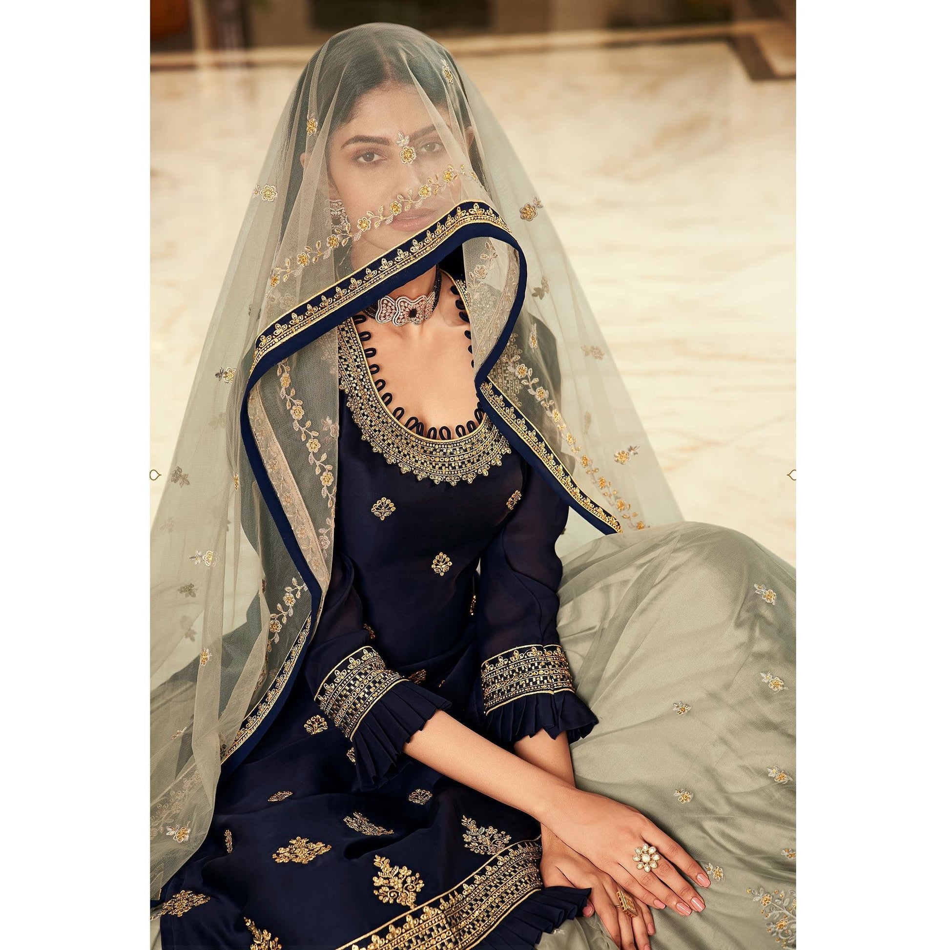 Grey Partywear Embroidered Net Lehenga Choli