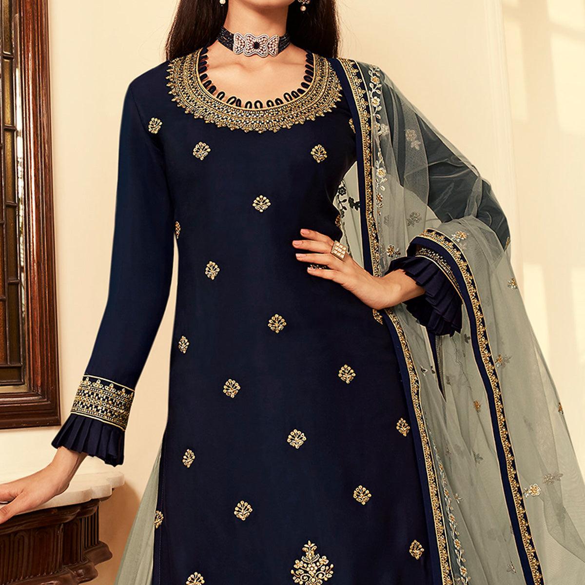 Grey Partywear Embroidered Net Lehenga Choli