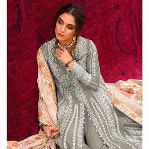 Grey Partywear Embroidered Pure Cotton Pakistani Suit