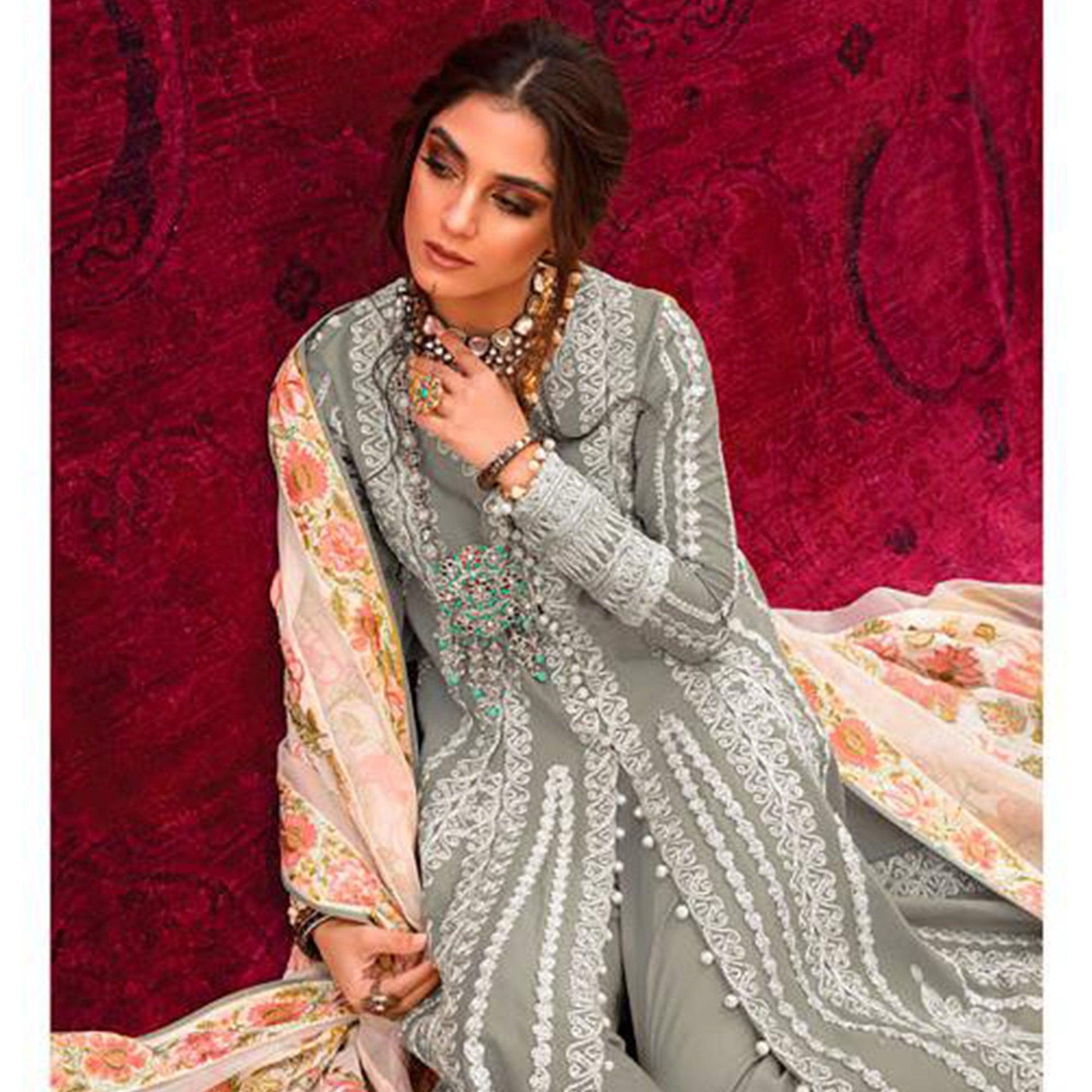 Grey Partywear Embroidered Pure Cotton Pakistani Suit