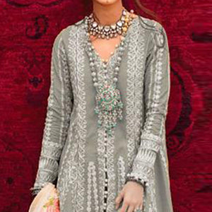 Grey Partywear Embroidered Pure Cotton Pakistani Suit
