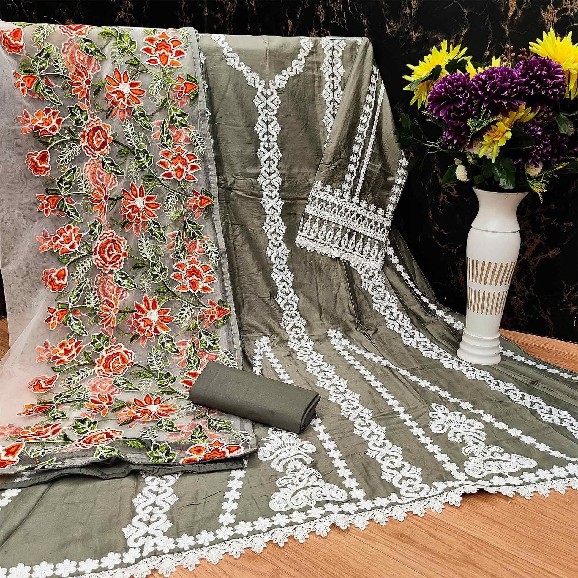 Grey Partywear Embroidered Pure Cotton Pakistani Suit
