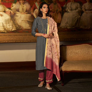 Grey Partywear Embroidered Pure Viscose Silk Suit