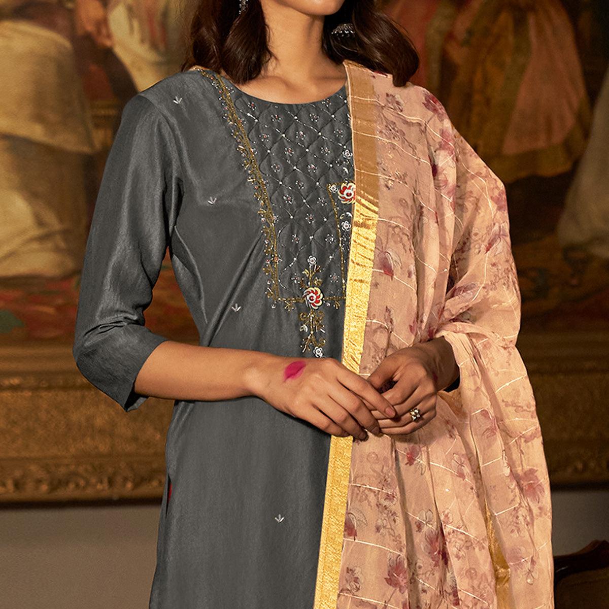 Grey Partywear Embroidered Pure Viscose Silk Suit
