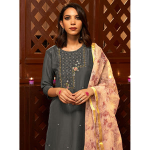Grey Partywear Embroidered Pure Viscose Silk Suit