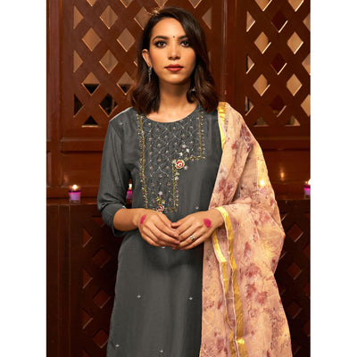 Grey Partywear Embroidered Pure Viscose Silk Suit