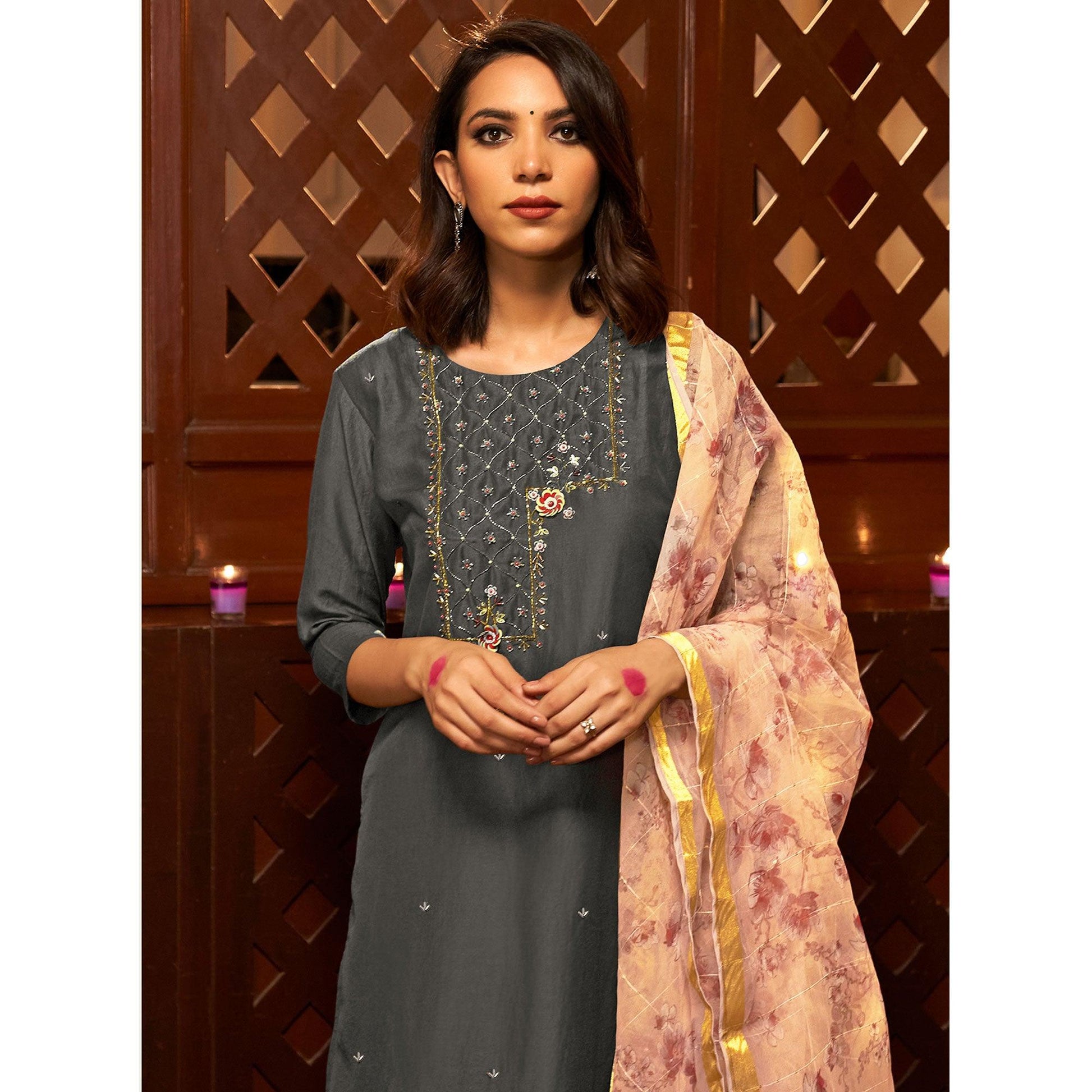 Grey Partywear Embroidered Pure Viscose Silk Suit