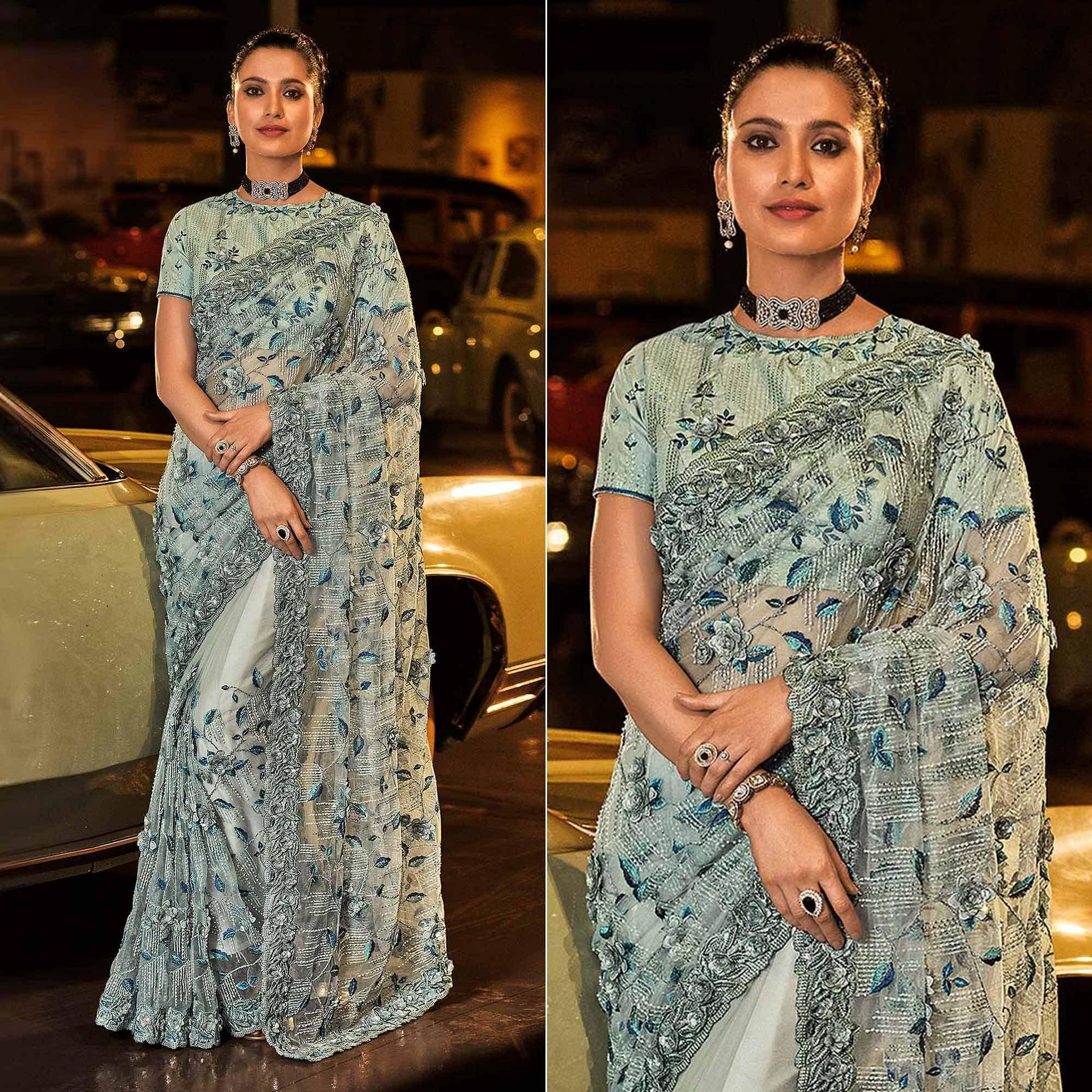 Grey Partywear Embroidered Sequins Embellished Net Saree