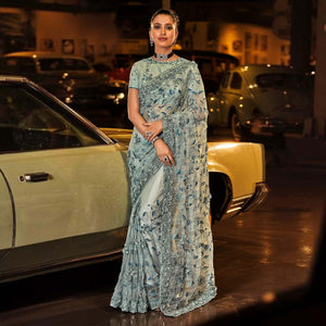 Grey Partywear Embroidered Sequins Embellished Net Saree