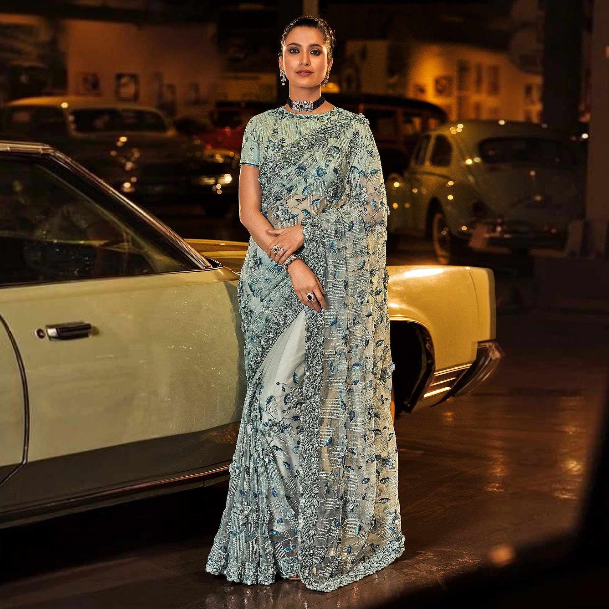 Grey Partywear Embroidered Sequins Embellished Net Saree