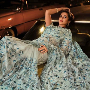 Grey Partywear Embroidered Sequins Embellished Net Saree