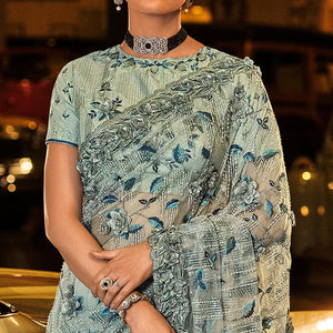 Grey Partywear Embroidered Sequins Embellished Net Saree