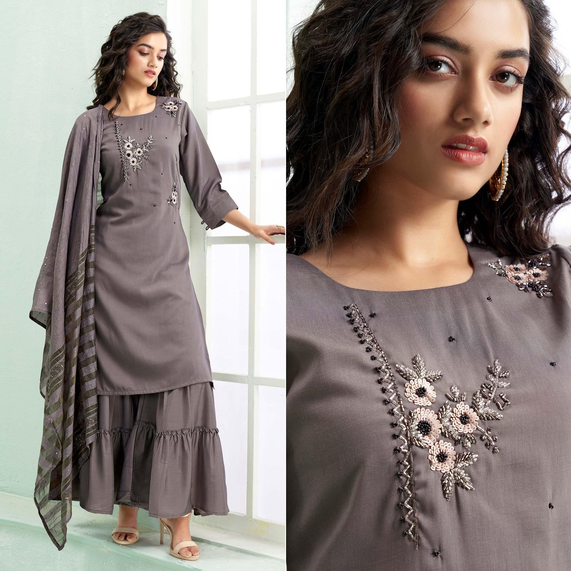 Grey Partywear Embroidered Silk Palazzo Suit With Dupatta