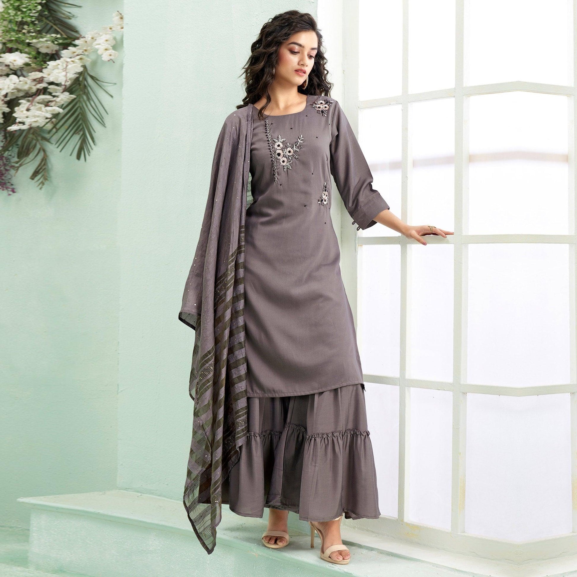 Grey Partywear Embroidered Silk Palazzo Suit With Dupatta