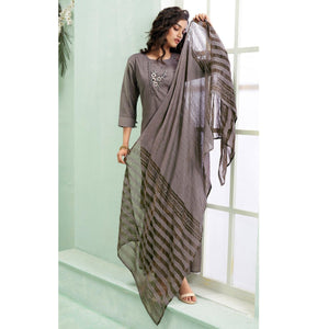 Grey Partywear Embroidered Silk Palazzo Suit With Dupatta