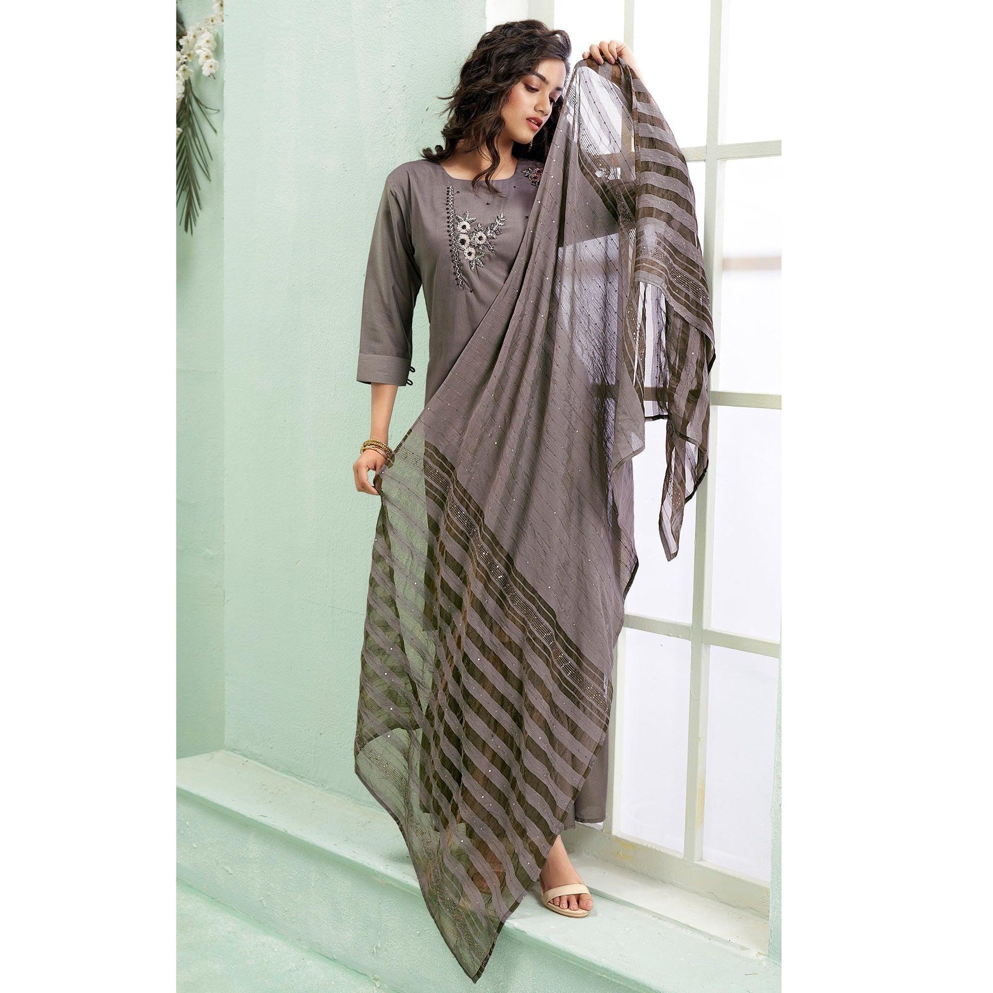 Grey Partywear Embroidered Silk Palazzo Suit With Dupatta